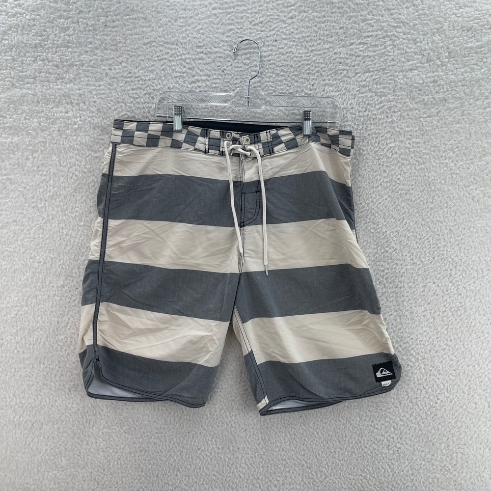 Quiksilver Board Shorts Mens 36 Gray Cream 9" Unlined Surfer Swim Beach Y2K